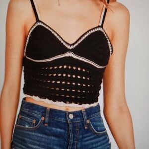 Vintage Havana Women's Size L Black Crochet Strap Open Weave Cotton Crop Top
